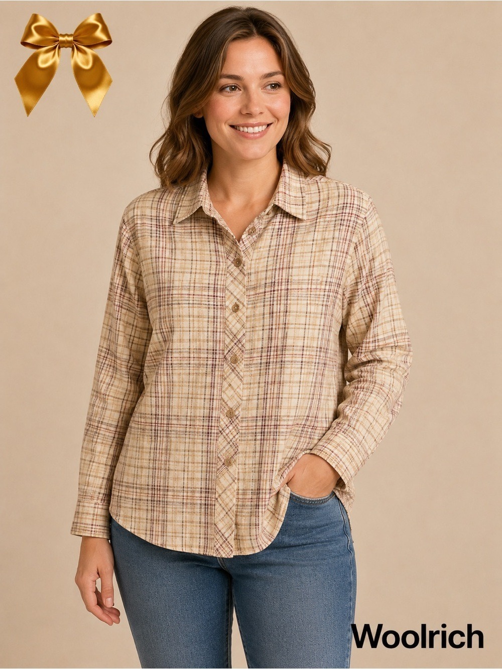 Woolrich Cotton Beige Burgundy Plaid Long Sleeve Button Up Top Size Medium